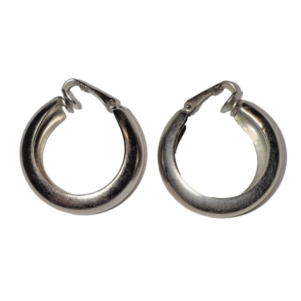 Silver Tone Chunky Clip On‎ Hoop Earrings Vtg  J-6A